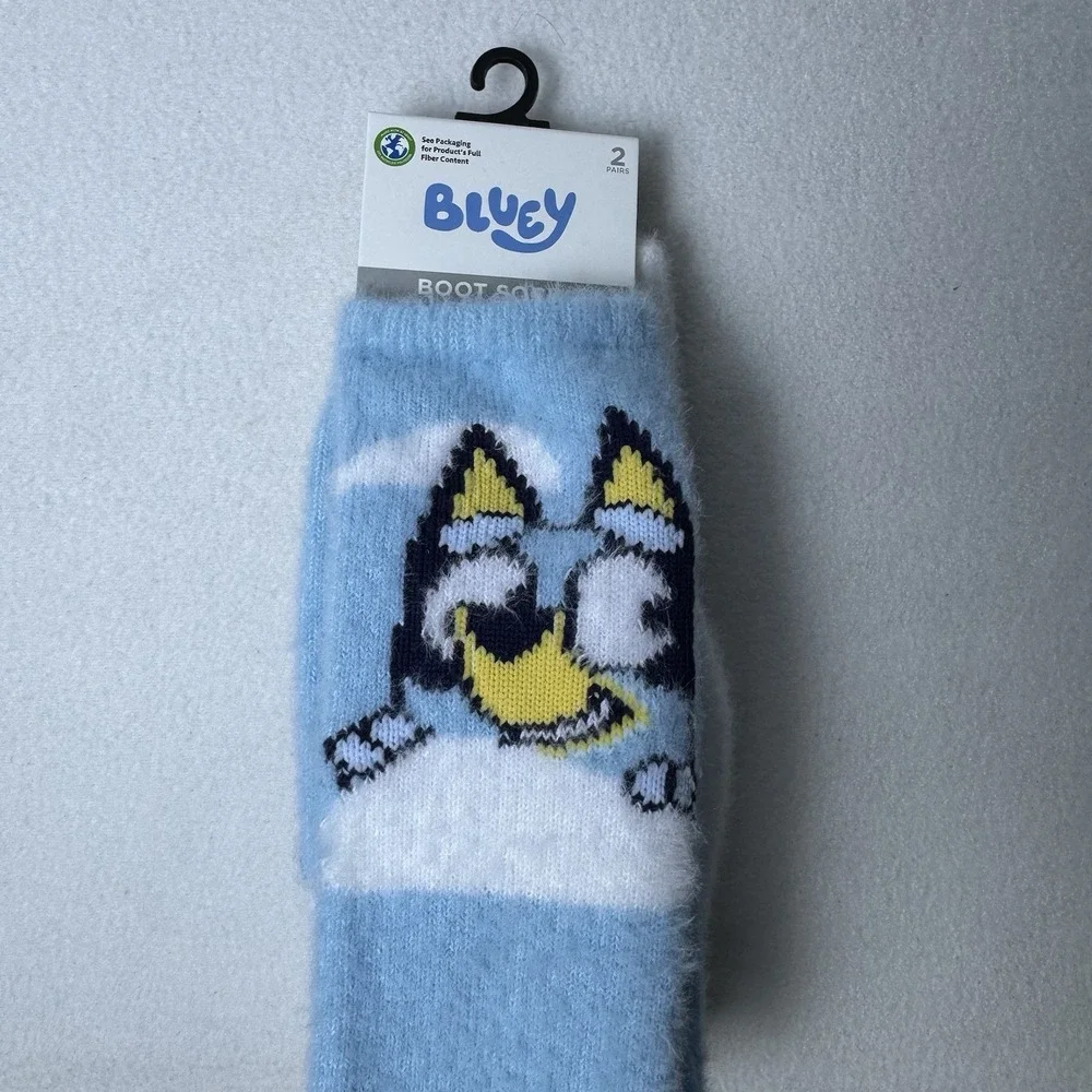 New Bluey Boot Socks Cozy Fuzzy Socks Pom Pom 2 Pairs Shoe Size 4-10 Blue White